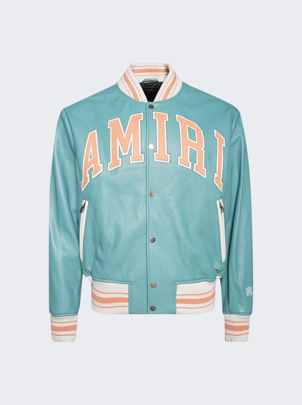 Amiri スタジャン　水色 AMIRI LAMBSKIN LEATHER VARSITY STYLE BOMBER JACKET – Caroline's