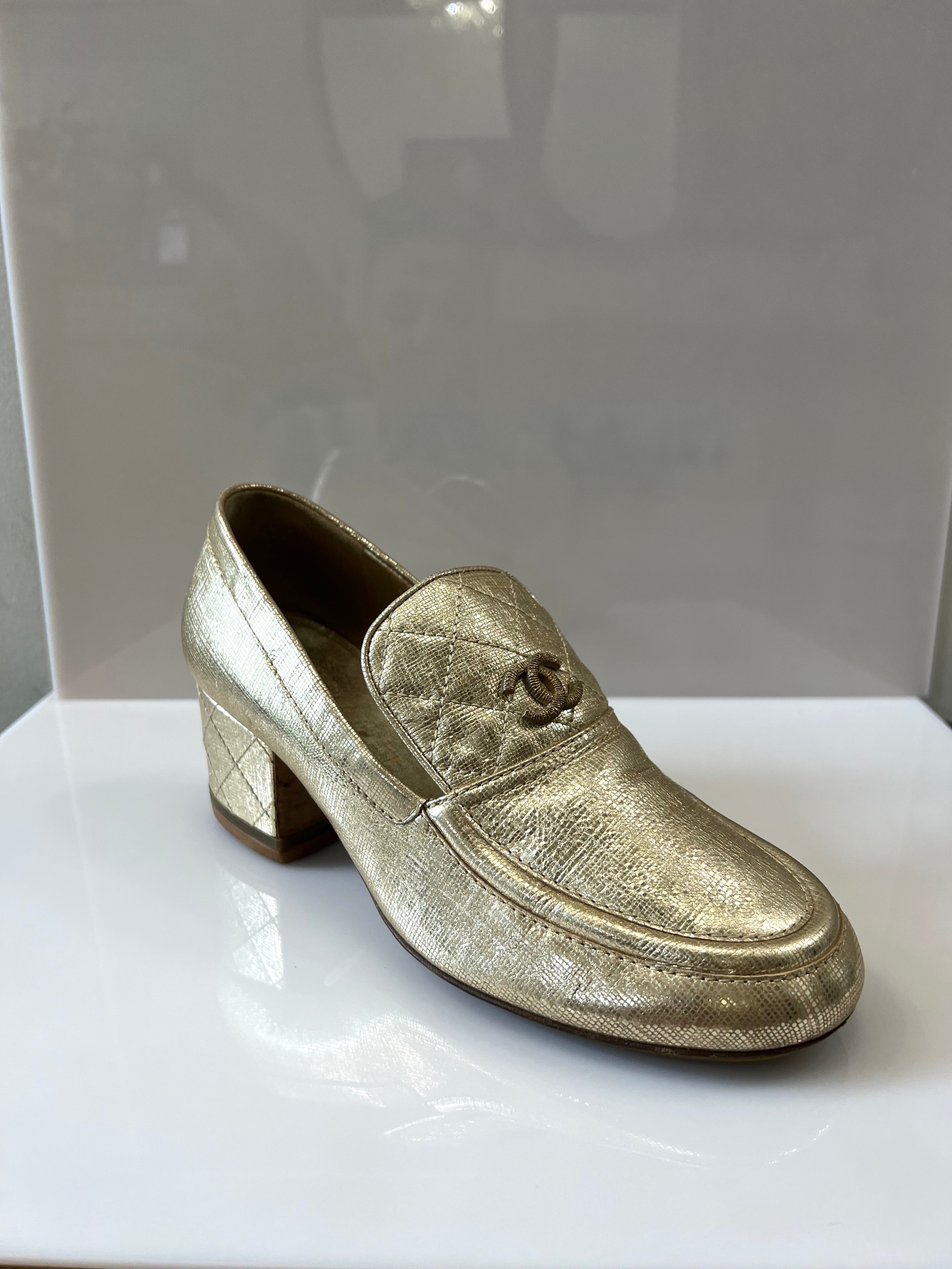 Chanel on sale gold loafers