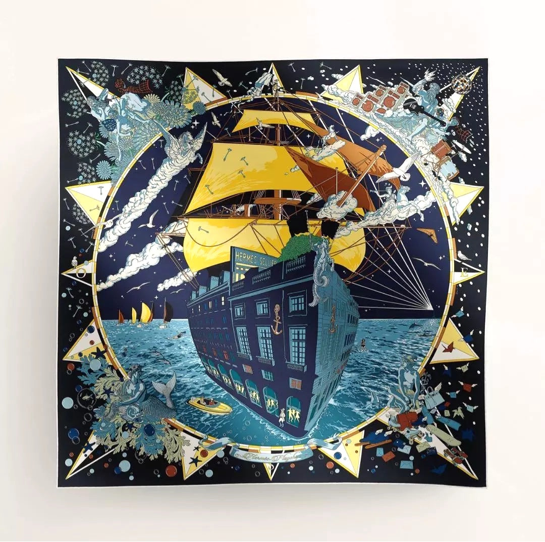 HERMÈS CARRE FLAGSHIP MARINE FONCÉ JAUNE SILK TWILL SCARF