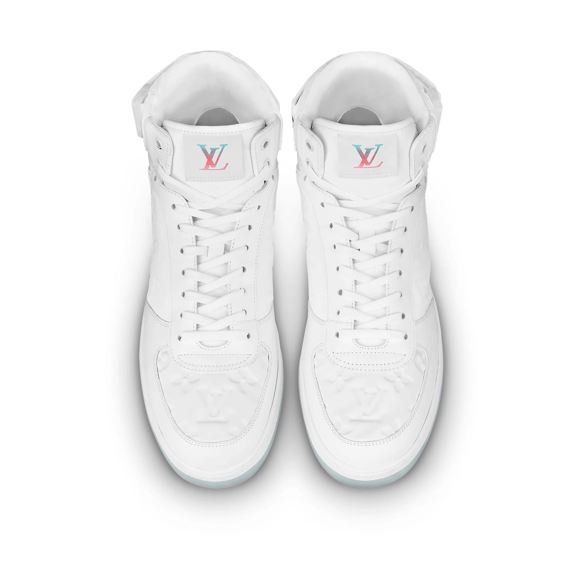 LOUIS VUITTON Calfskin Monogram Denim Rivoli High Top Sneakers 10 White  502430
