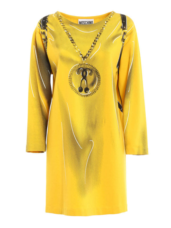 MOSCHINO ROBE COUTURE JAUNE NECKLACE PRINT DRESS
