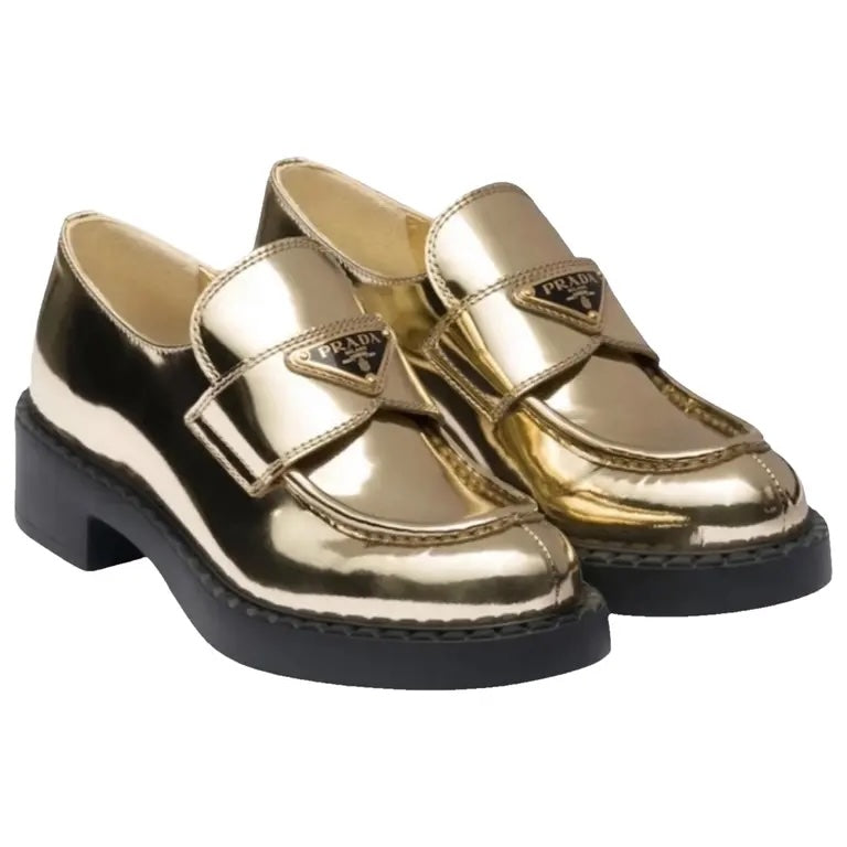 PRADA ゴールド ローファー PRADA METALLIC BRUSHED CALFSKIN LEATHER TRIANGLE LOGO