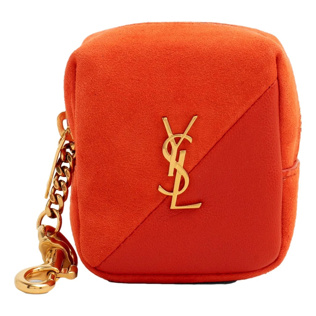 YSL JAMIE CUBE CHARM IN SUEDE AND LAMBSKIN KEYRING POUCH