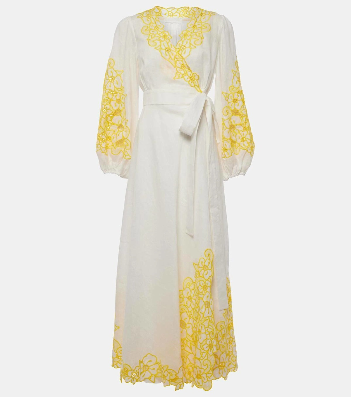 ZIMMERMANN GOLDEN EMBROIDERED ANGLAISE LINEN WRAP DRESS