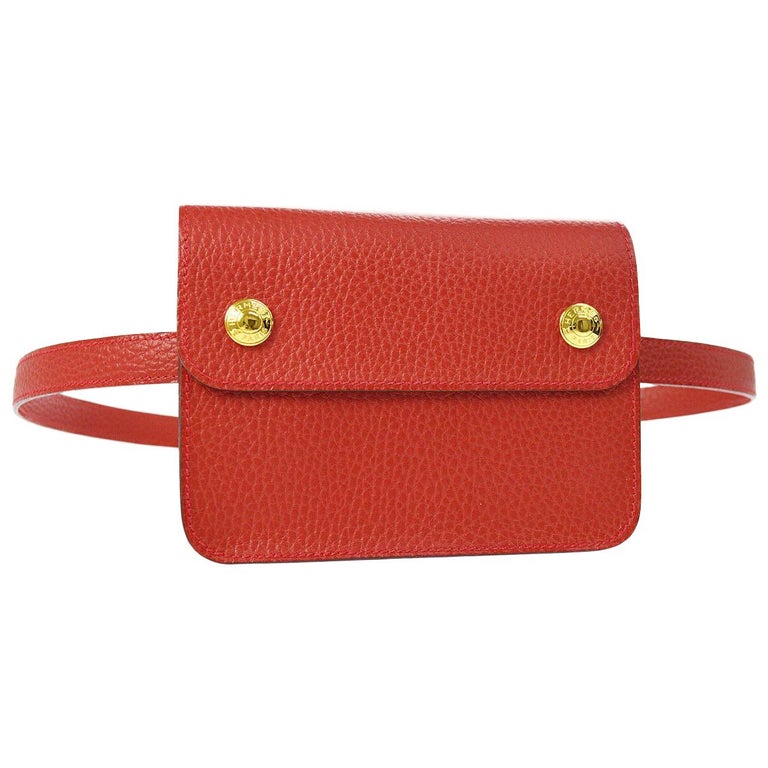 Hermes Red Leather Travel Clutch Carryall Bum Fanny Pack Waist Belt Bag in  Box