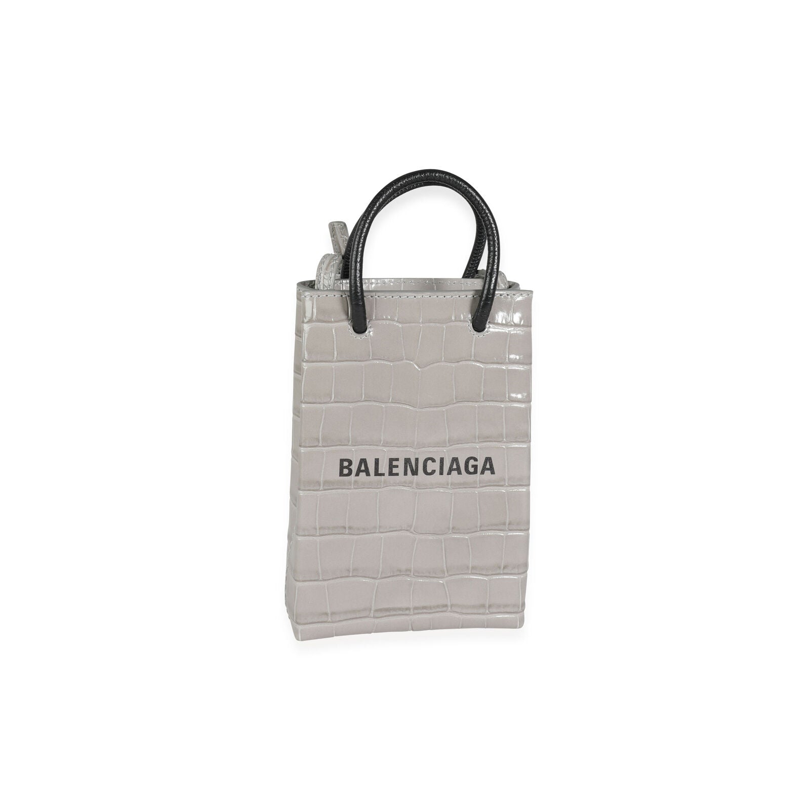 BALENCIAGA STEEL GREY CROC-EMBOSSED SHOPPING PHONE HOLDER BAG