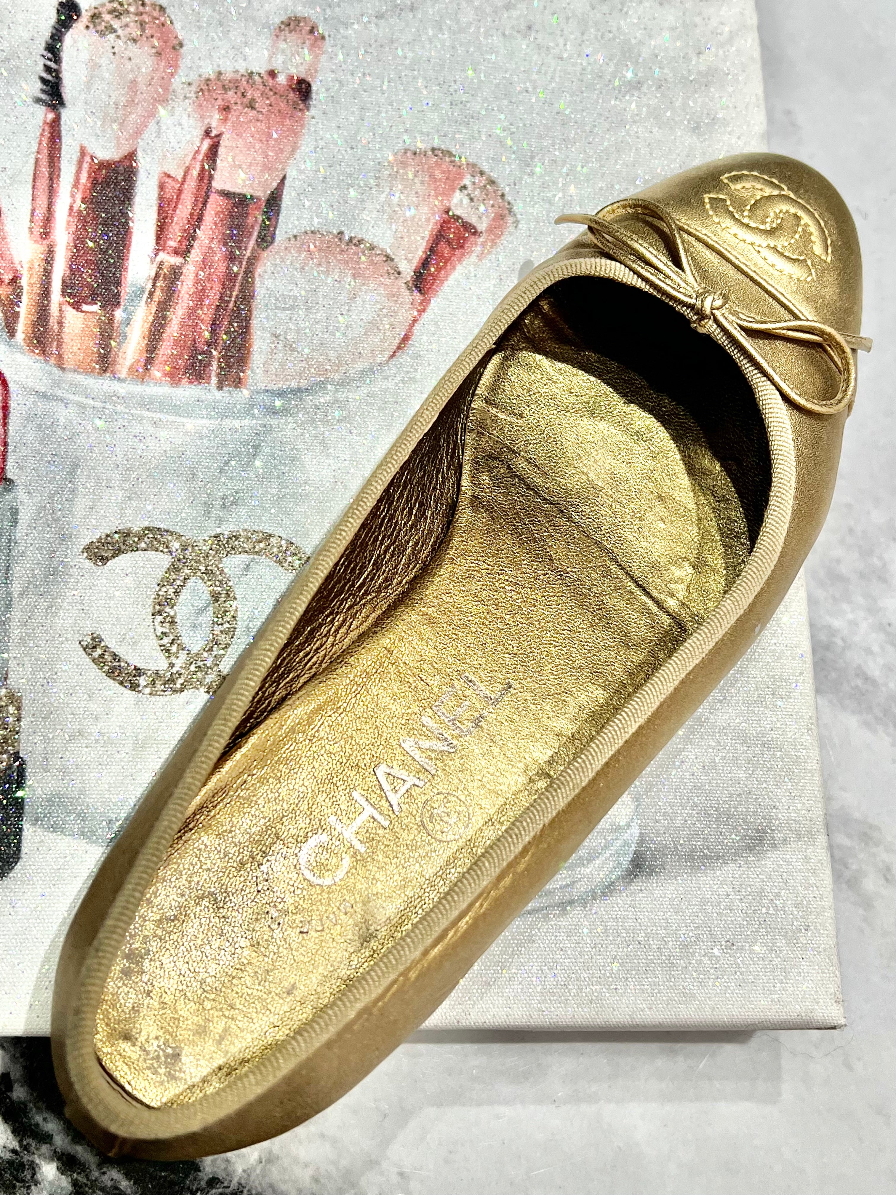 CHANEL CC METALLIC CAMBON LEATHER BALLET FLATS