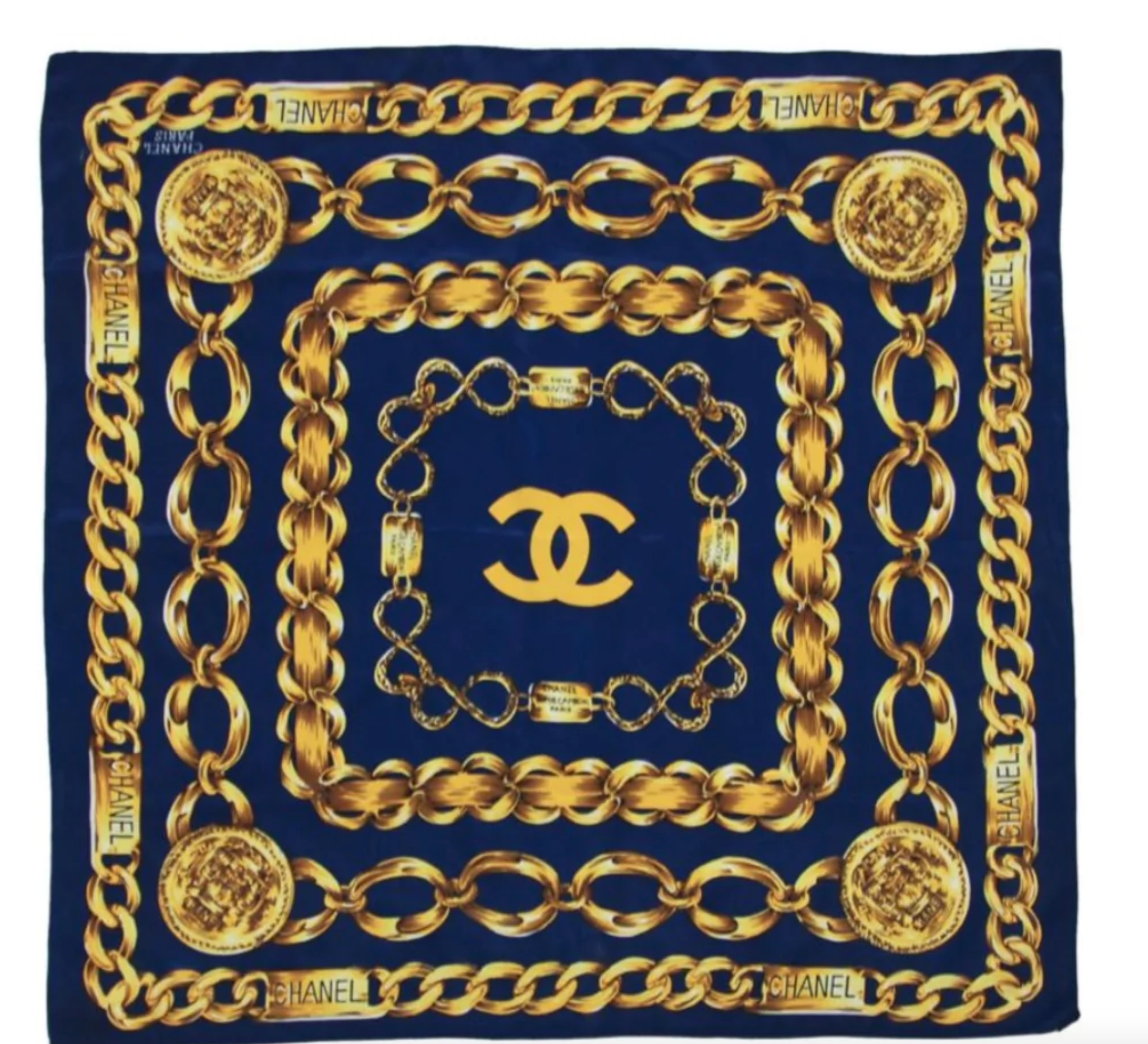 CHANEL SILK SCARF BLUE GOLD CHAIN LINKS