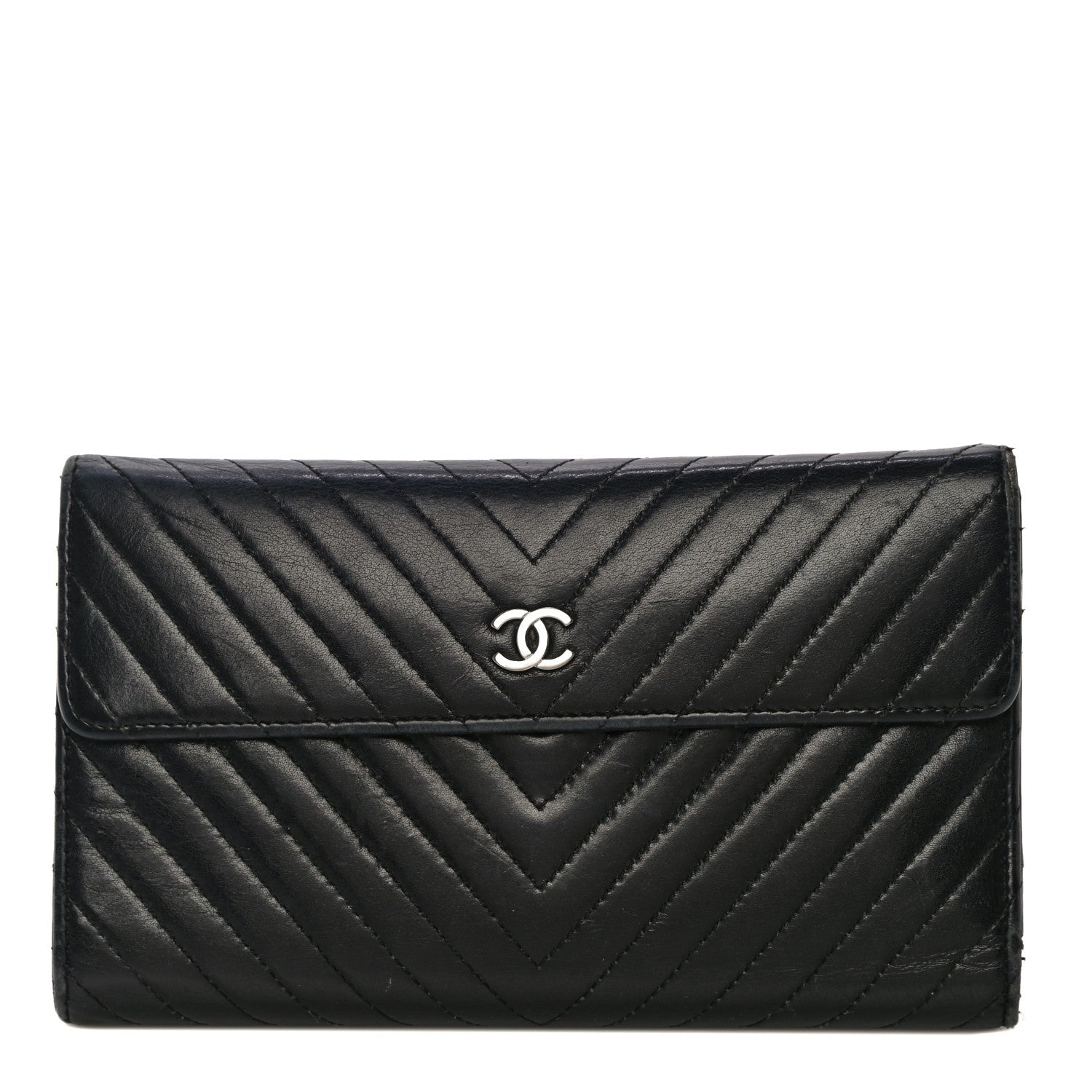 Chanel Chevron Quilted CC Zip Around Wallet