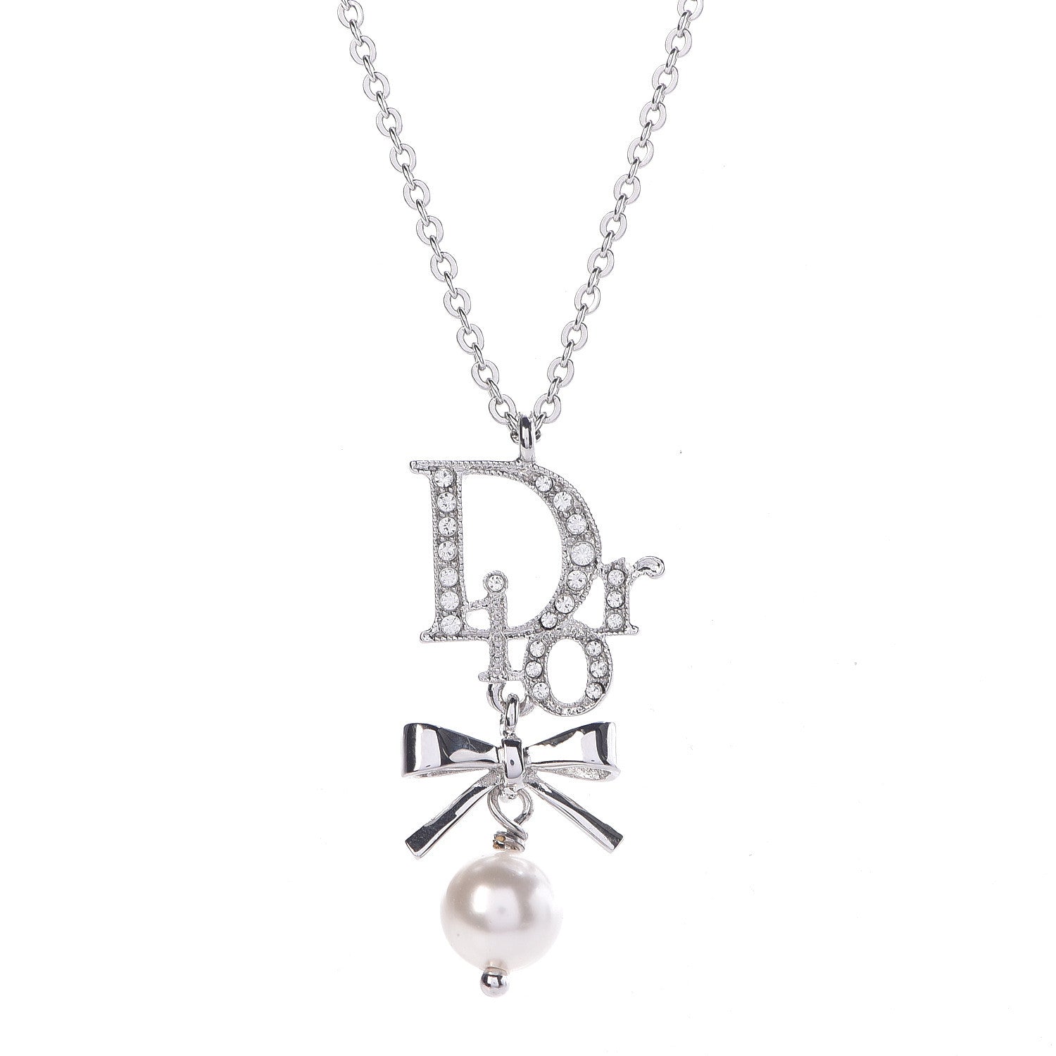 Christian Dior Crystal Pearl Dior Logo Necklace Silver 