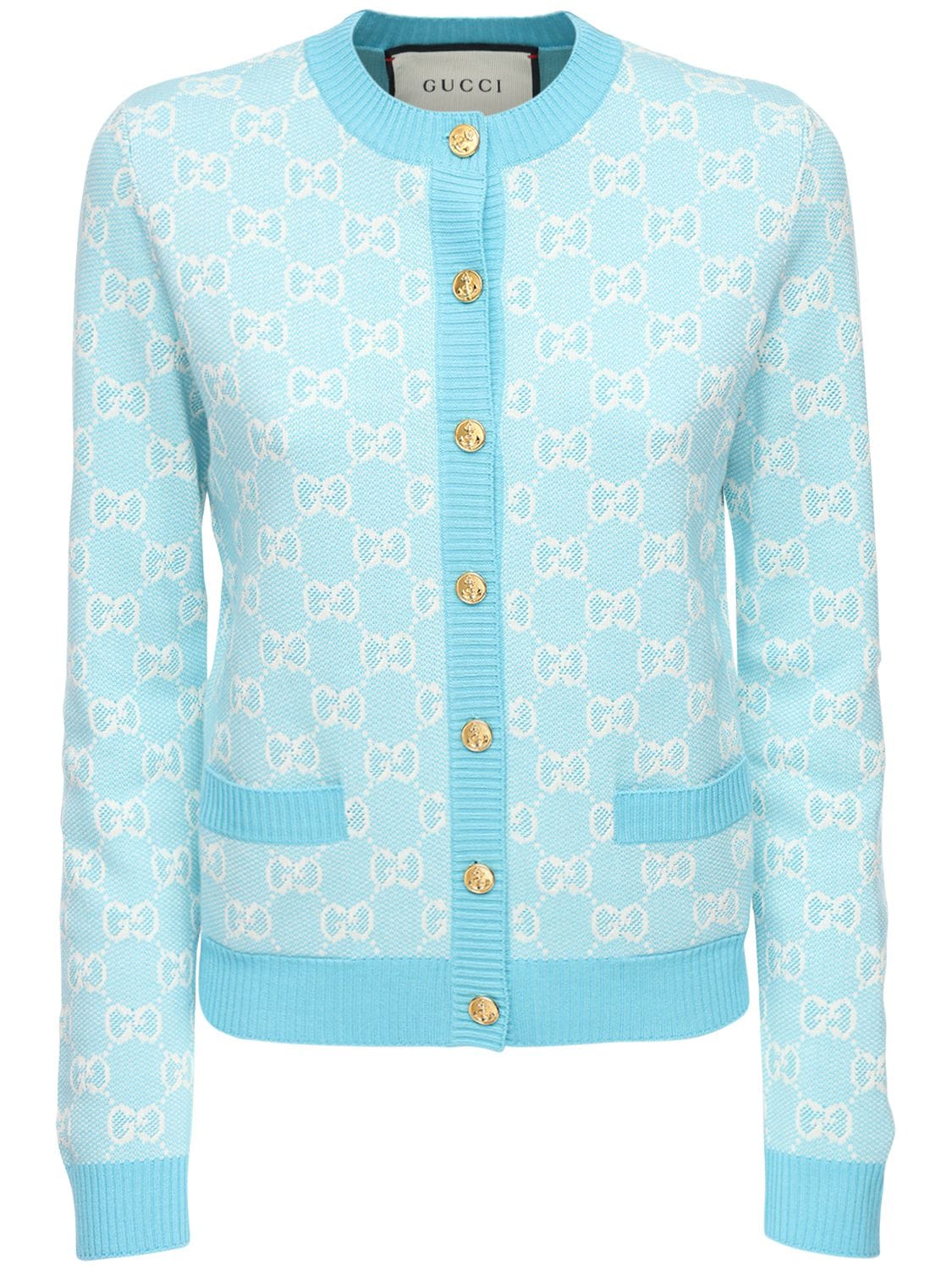 GUCCI COTTON AND WOOL PIQUE GG CARDIGAN IN LIGHT BLUE