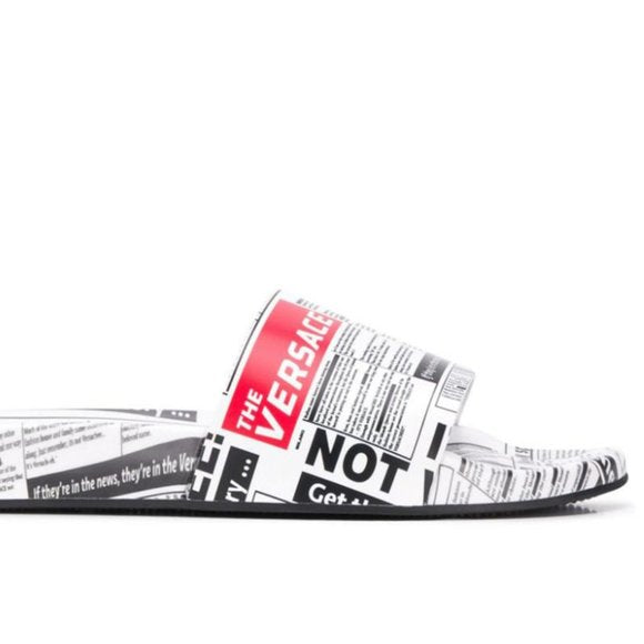 Men slides Versace news print. Versace White Newspaper Printed Slides – Caroline main image 3