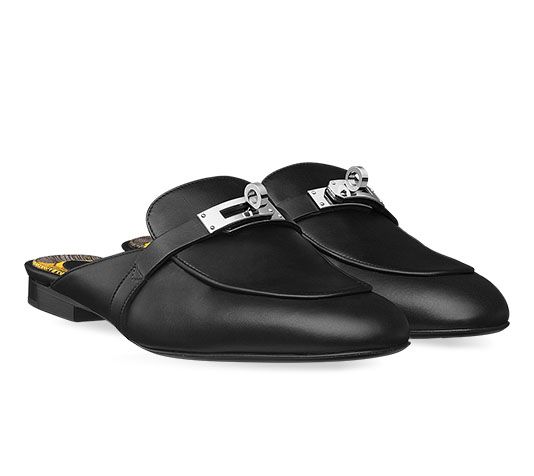 【美品】HERMES Oz Kelly Buckle Mule BLK 40 Hermes Oz Mule Goatskin Leather Kelly Pink Gold Buckle Flat