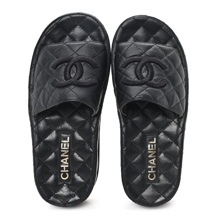 CHANEL QUILTED LAMBSKIN LEATHER CC LOGO MULES