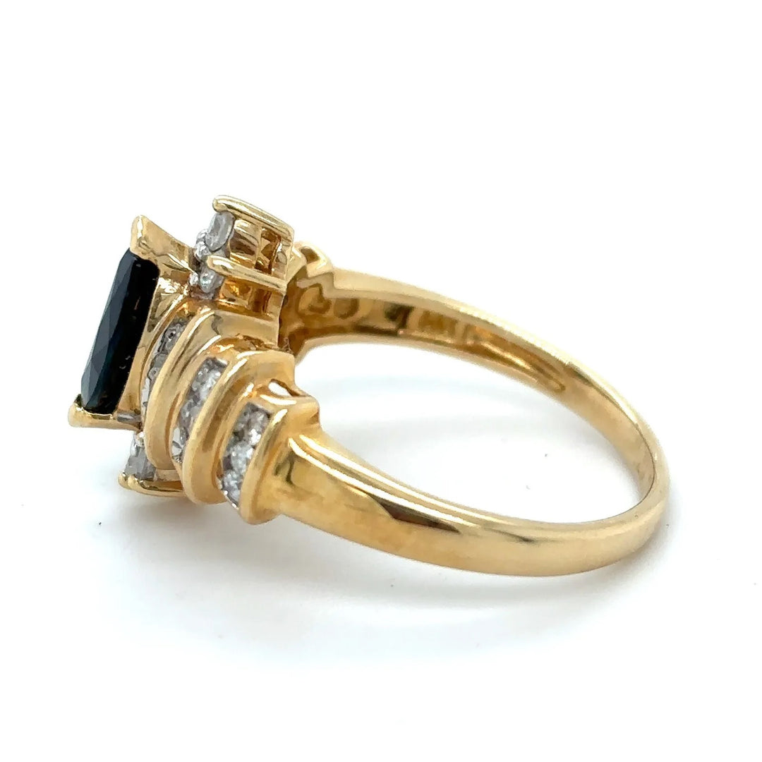 14K GOLD MARQUIS CUT BLUE SAPPHIRE THREE TIER DIAMOND RING