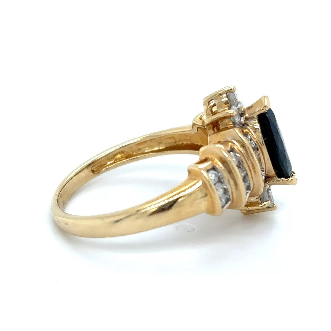 14K GOLD MARQUIS CUT BLUE SAPPHIRE THREE TIER DIAMOND RING