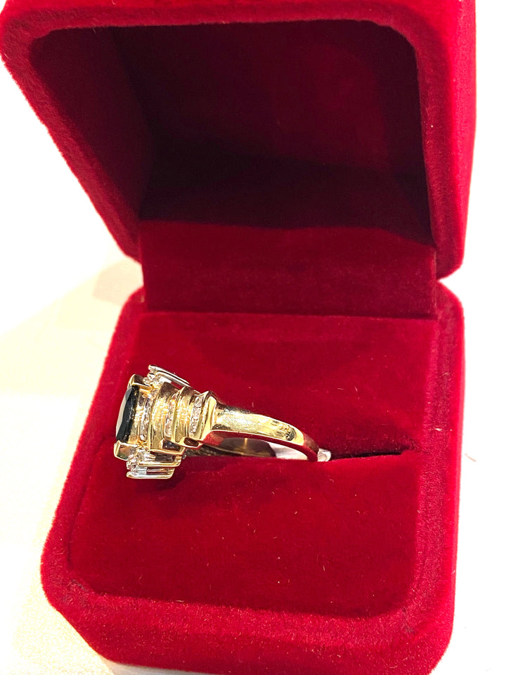 14K GOLD MARQUIS CUT BLUE SAPPHIRE THREE TIER DIAMOND RING