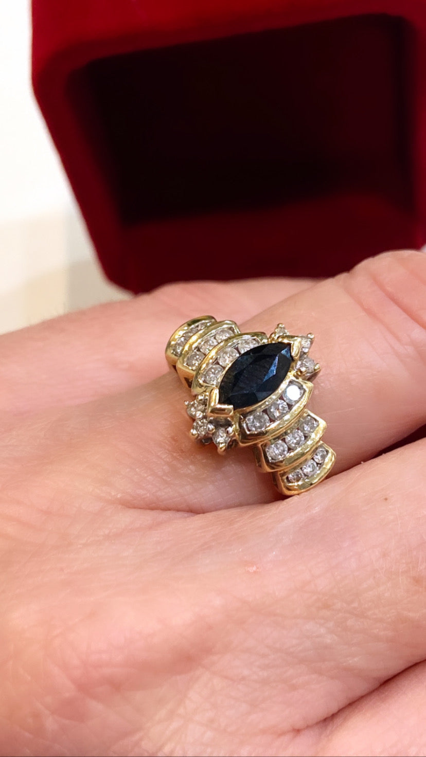 14K GOLD MARQUIS CUT BLUE SAPPHIRE THREE TIER DIAMOND RING