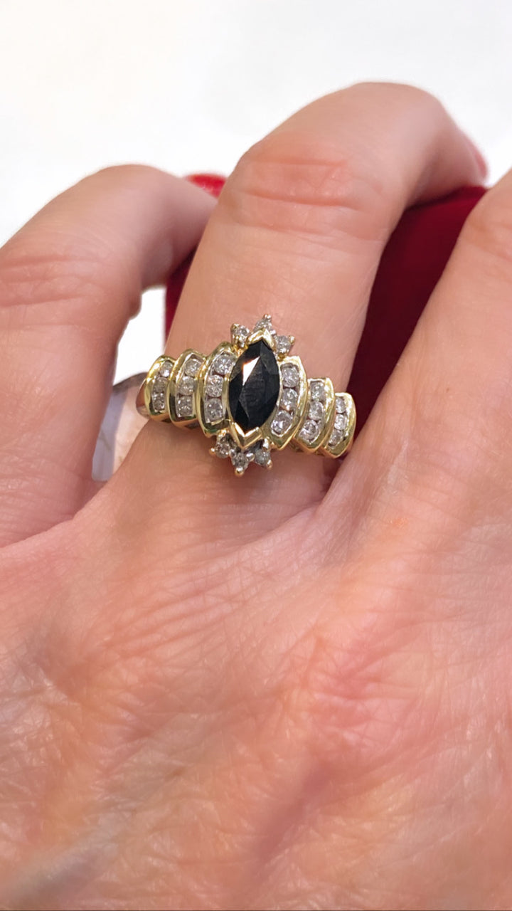 14K GOLD MARQUIS CUT BLUE SAPPHIRE THREE TIER DIAMOND RING