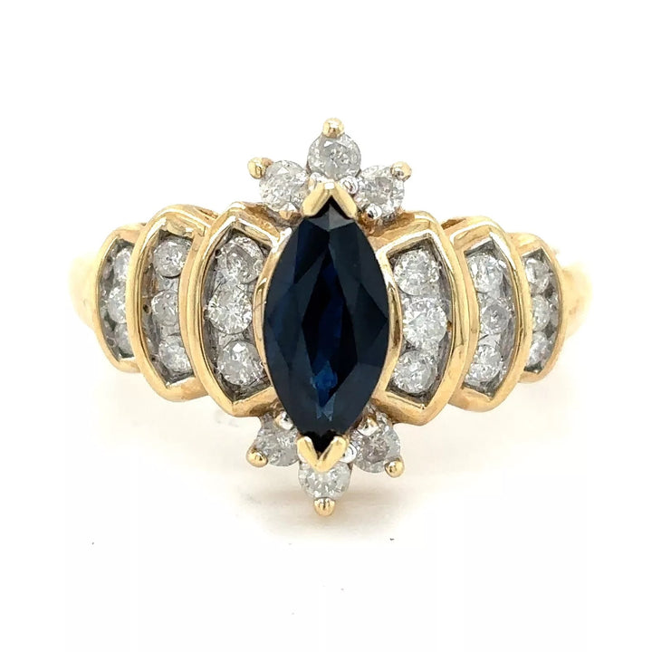 14K GOLD MARQUIS CUT BLUE SAPPHIRE THREE TIER DIAMOND RING