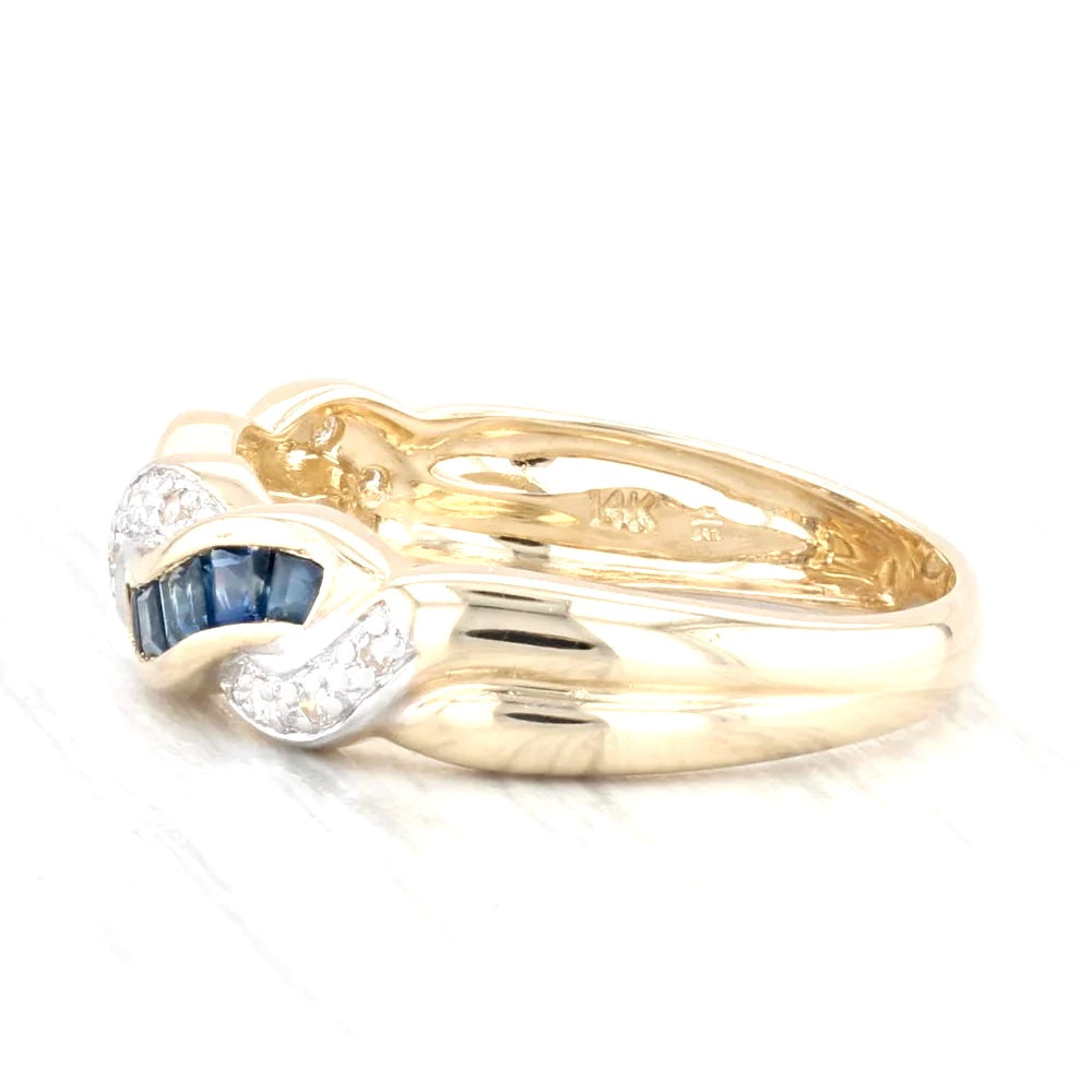 14K GOLD ROUND BRILLIANT CUT DIAMOND &amp; SQUARE STEP CUT BLUE SAPPHIRE RING