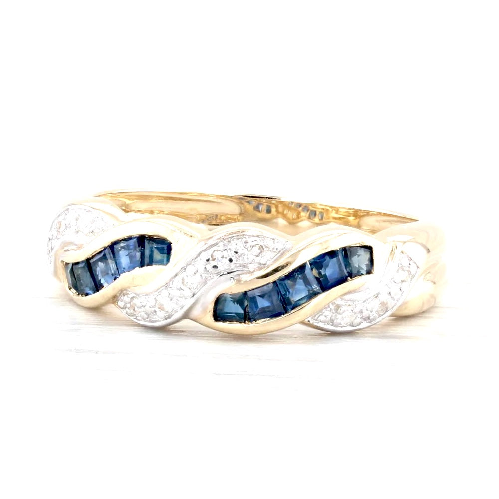 14K GOLD ROUND BRILLIANT CUT DIAMOND &amp; SQUARE STEP CUT BLUE SAPPHIRE RING