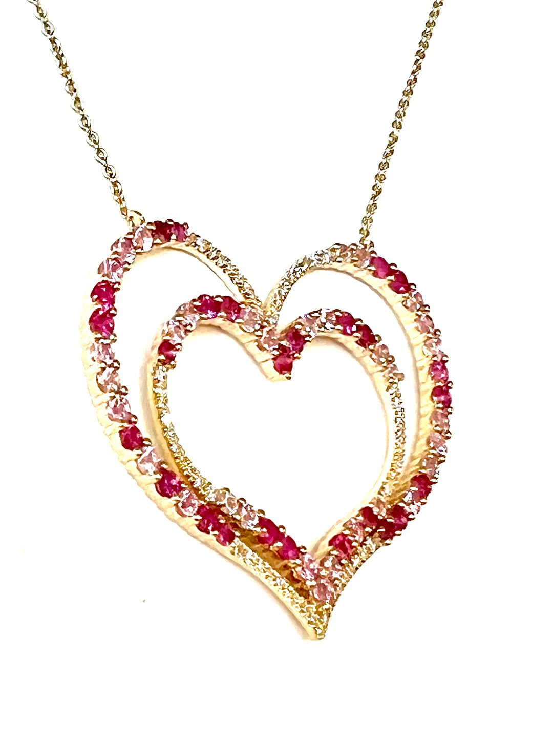 14K GOLD PINK SAPPHIRE RUBY &amp; DIAMONDS DOUBLE HEART NECKLACE