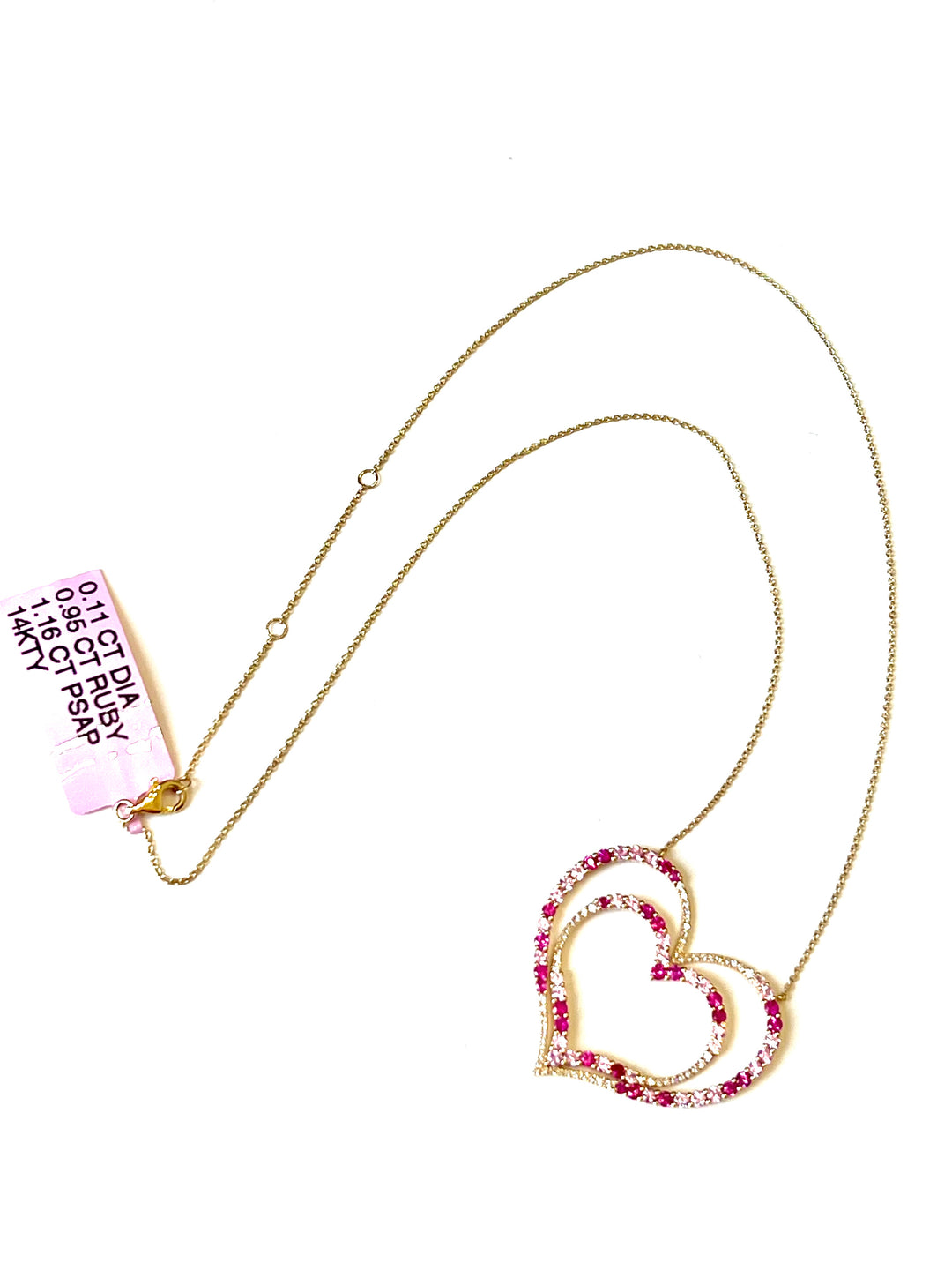 14K GOLD PINK SAPPHIRE RUBY &amp; DIAMONDS DOUBLE HEART NECKLACE