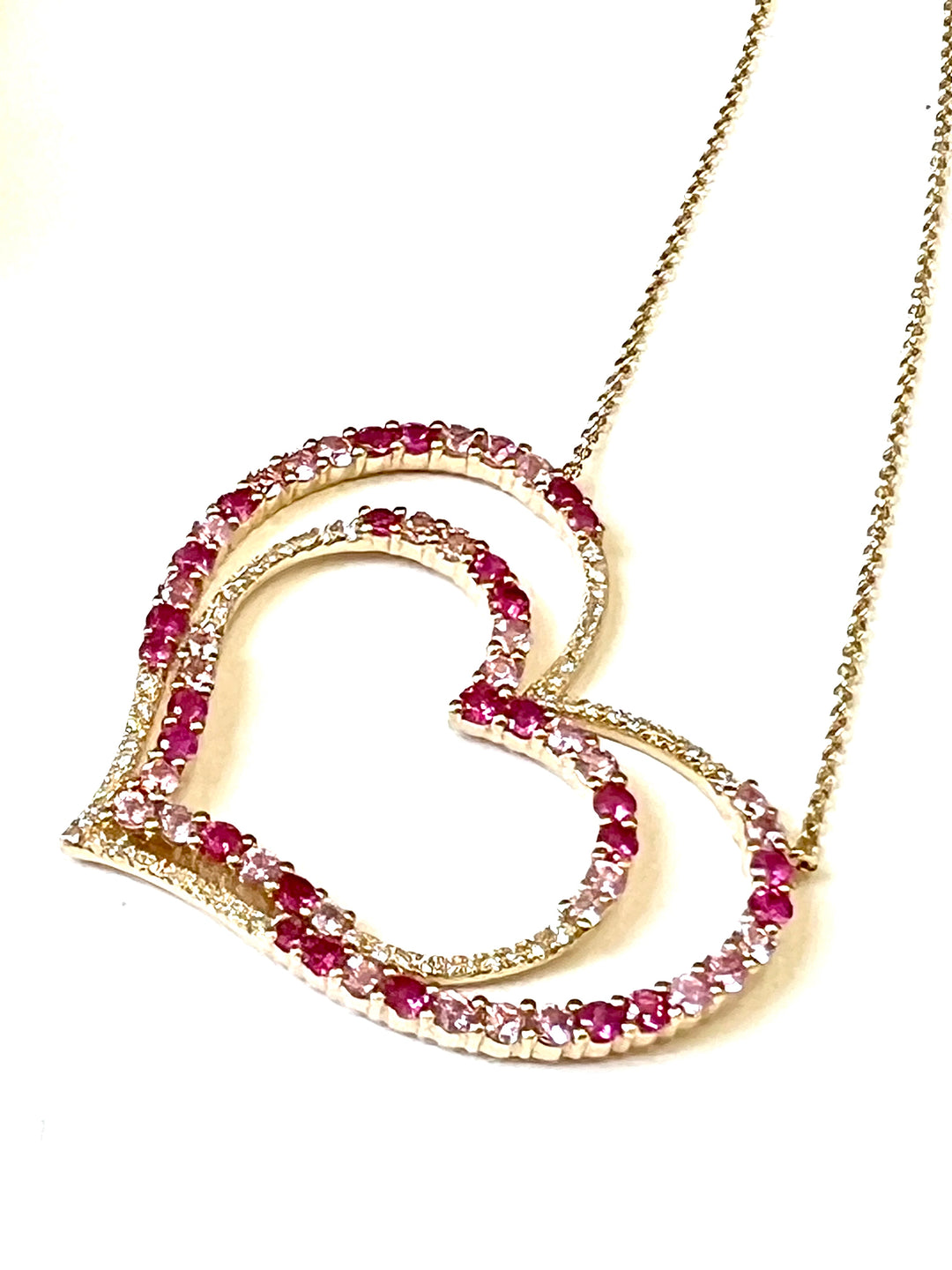 14K GOLD PINK SAPPHIRE RUBY &amp; DIAMONDS DOUBLE HEART NECKLACE