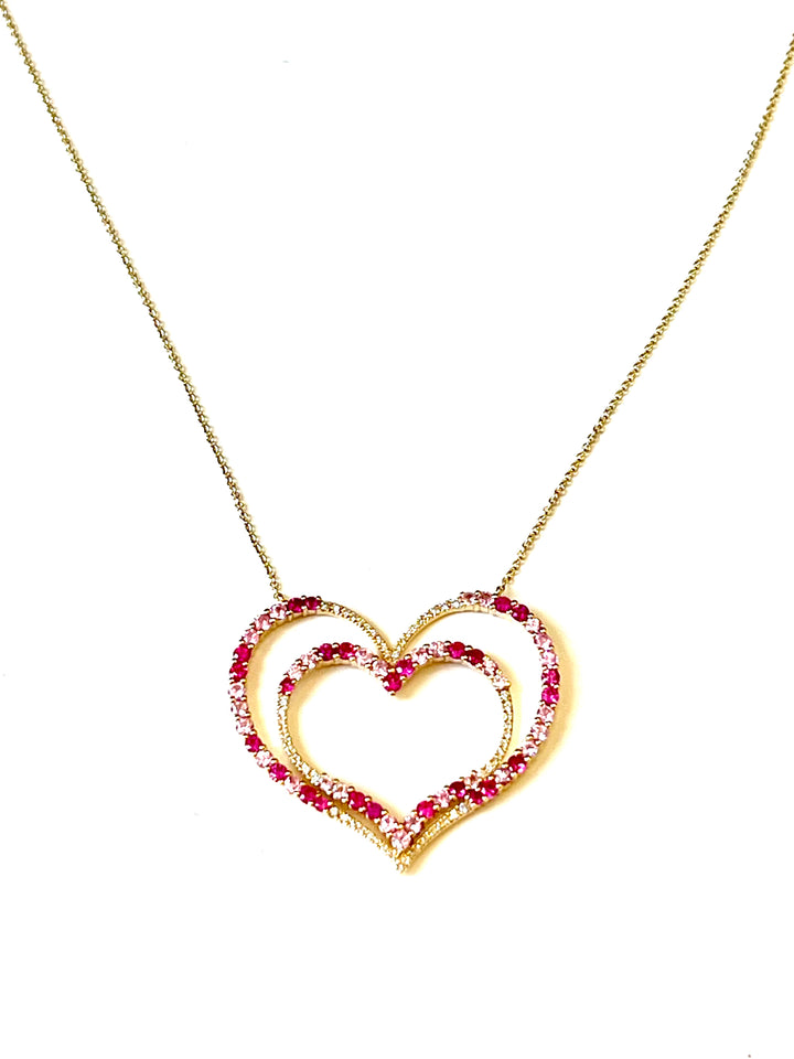 14K GOLD PINK SAPPHIRE RUBY &amp; DIAMONDS DOUBLE HEART NECKLACE