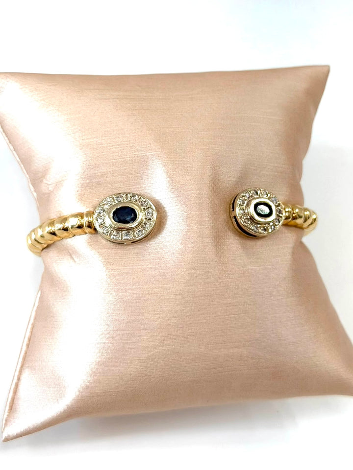 14K YELLOW GOLD SAPPHIRE &amp; DIAMOND OPEN CUFF BRACELET