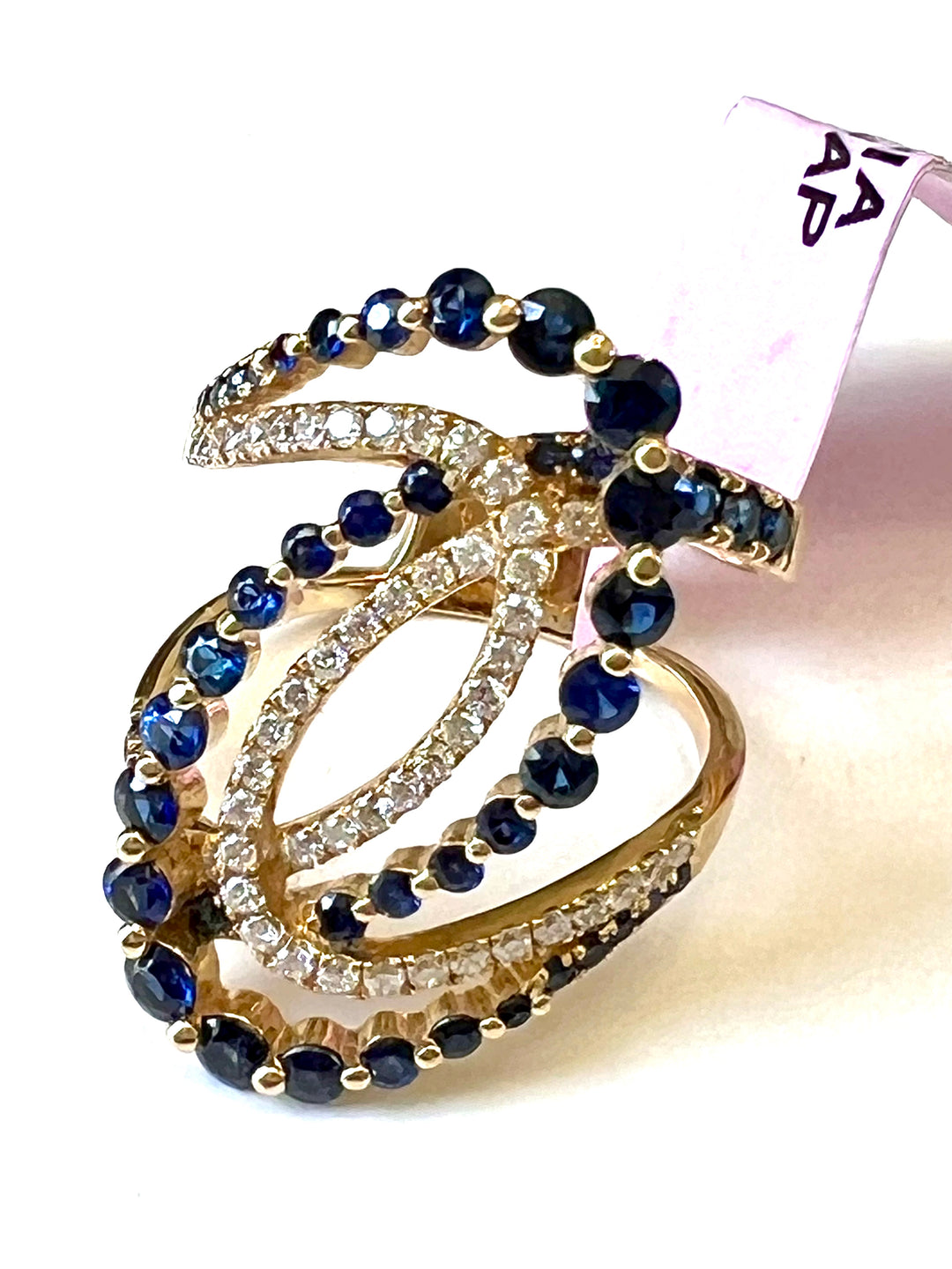 14K GOLD BLUE SAPPHIRE &amp; DIAMONDS SWIRL COCKTAIL RING
