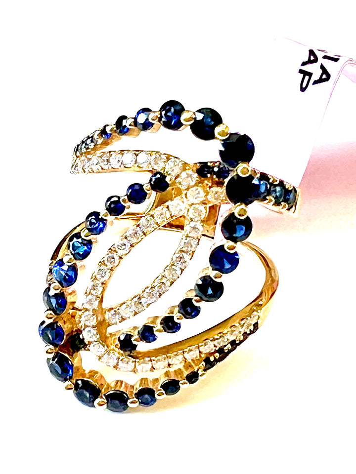 14K GOLD BLUE SAPPHIRE &amp; DIAMONDS SWIRL COCKTAIL RING