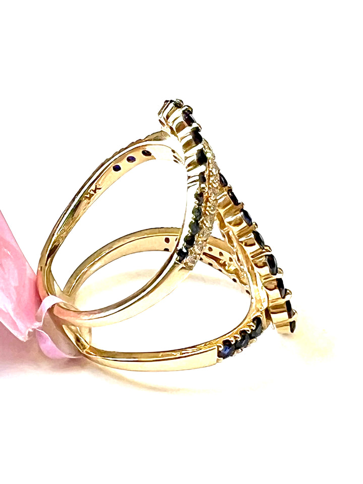 14K GOLD BLUE SAPPHIRE &amp; DIAMONDS SWIRL COCKTAIL RING