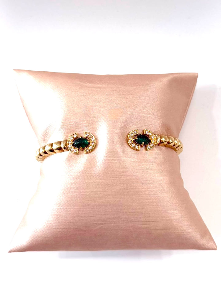 14K YELLOW GOLD EMERALD &amp; DIAMOND CUFF BRACELET