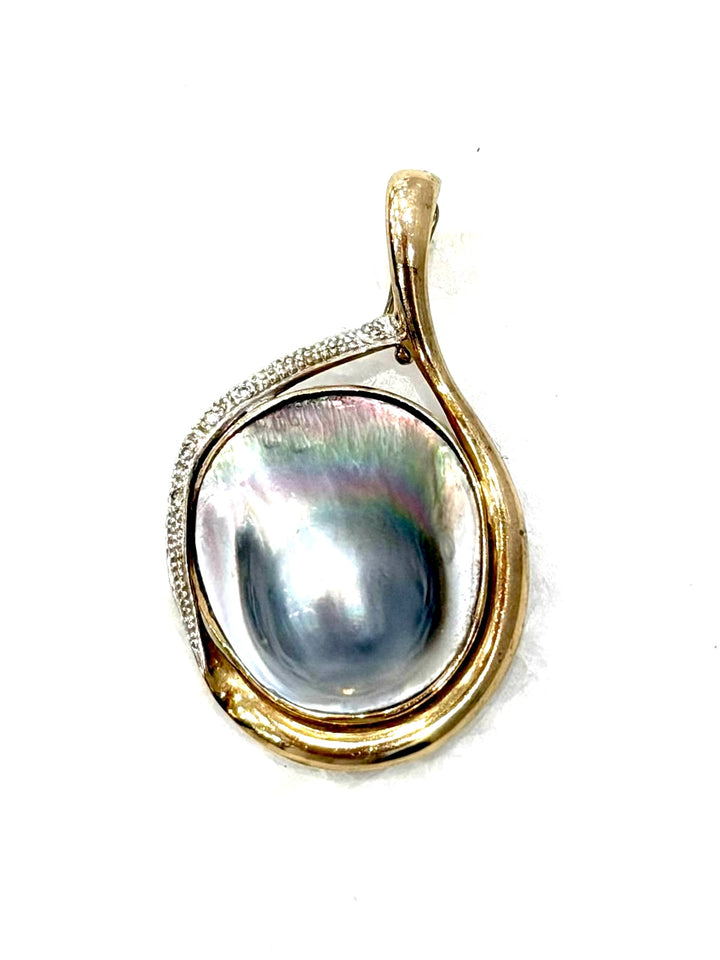 14K YELLOW GOLD TAHITIAN BLISTER PEARL DIAMOND ACCENT PENDANT
