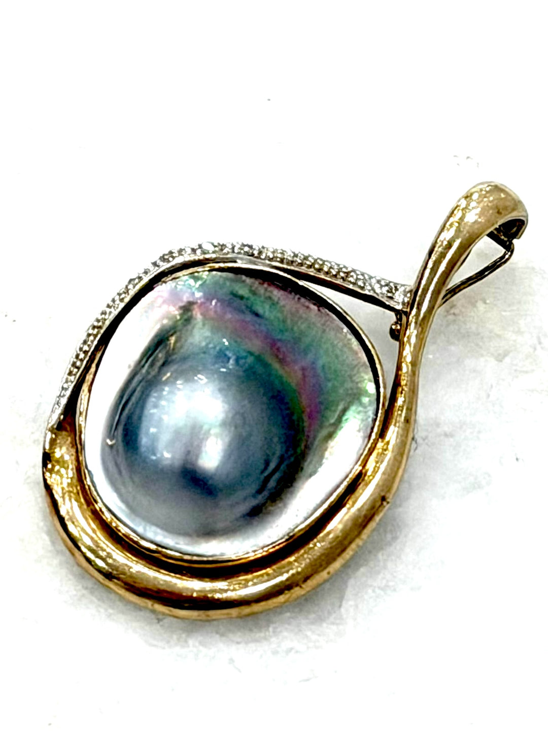 14K YELLOW GOLD TAHITIAN BLISTER PEARL DIAMOND ACCENT PENDANT