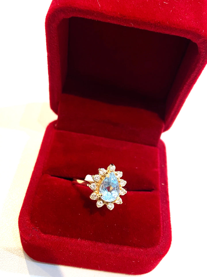 14K GOLD PEAR SKY BLUE TOPAZ &amp; DIAMONDS HALO RING
