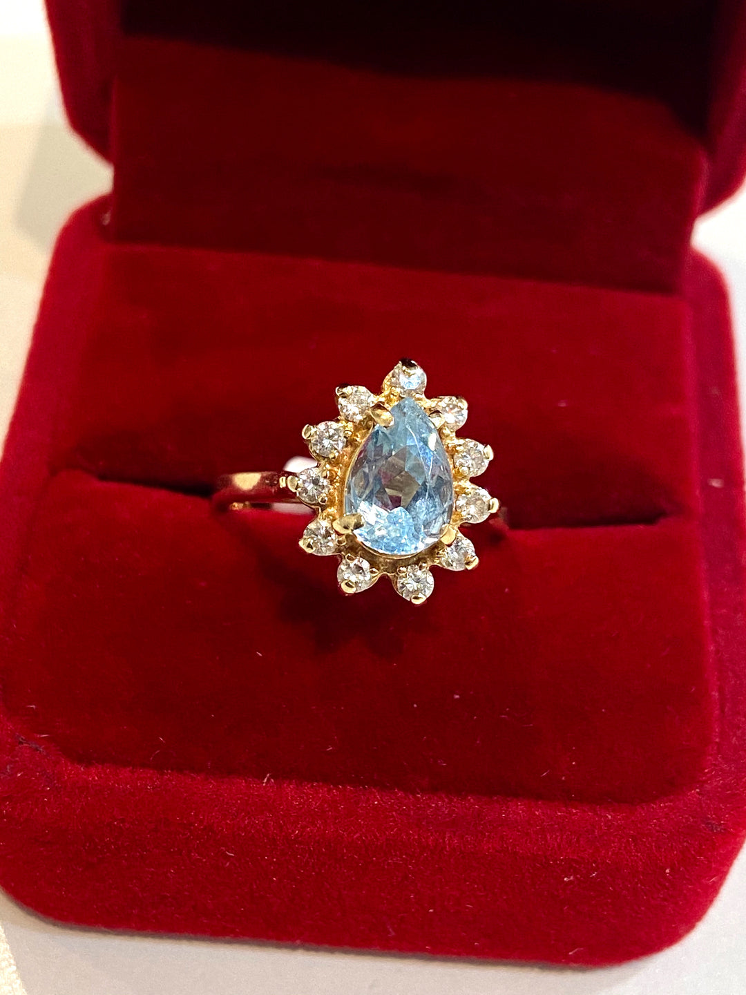 14K GOLD PEAR SKY BLUE TOPAZ &amp; DIAMONDS HALO RING