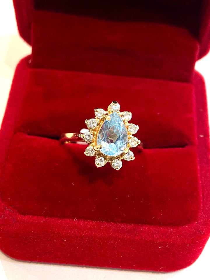 14K GOLD PEAR SKY BLUE TOPAZ &amp; DIAMONDS HALO RING