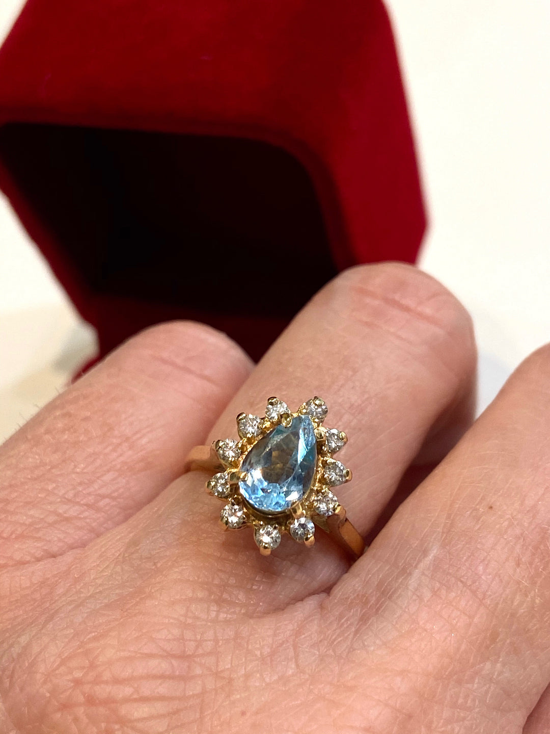 14K GOLD PEAR SKY BLUE TOPAZ &amp; DIAMONDS HALO RING