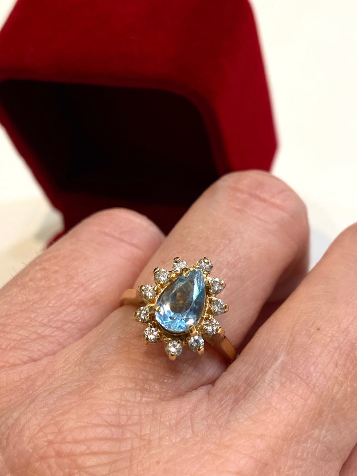 14K GOLD PEAR SKY BLUE TOPAZ &amp; DIAMONDS HALO RING