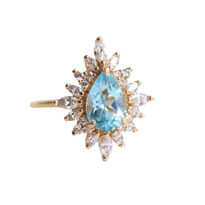14K GOLD PEAR SKY BLUE TOPAZ &amp; DIAMONDS HALO RING