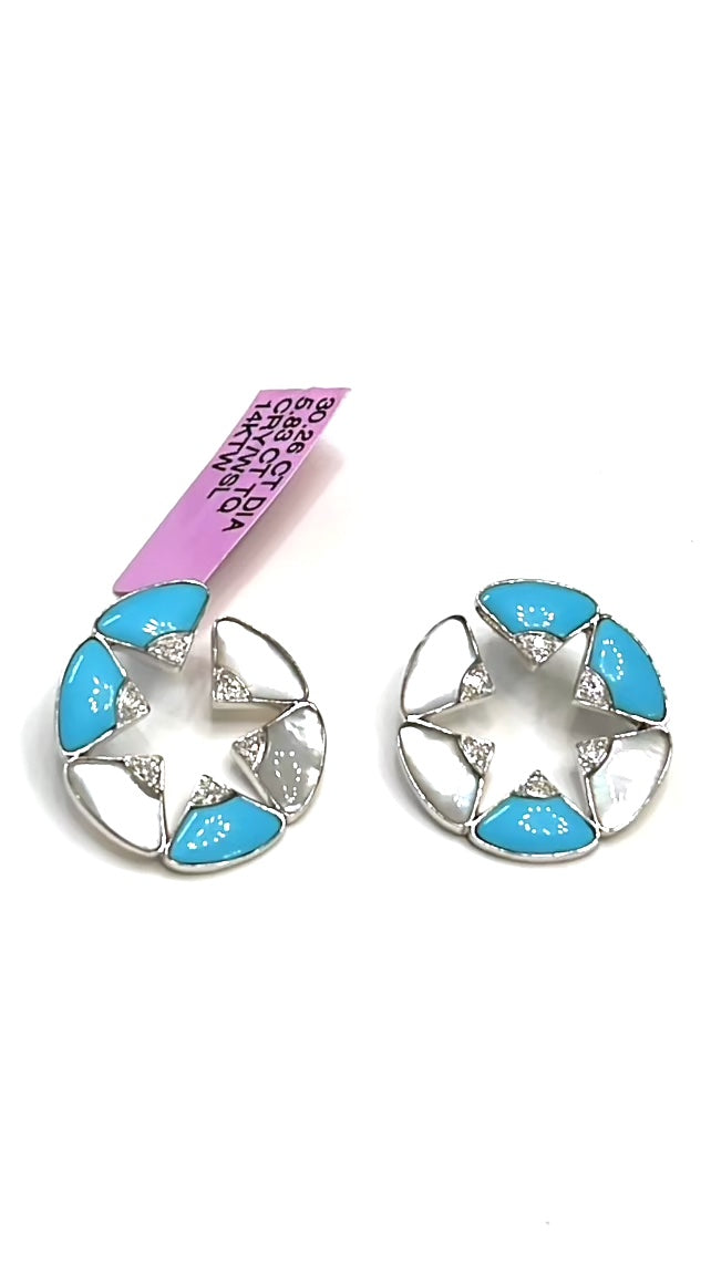 14K WHITE GOLD DIAMOND MOTHER OF PEARL &amp; TURQUOISE EARRING