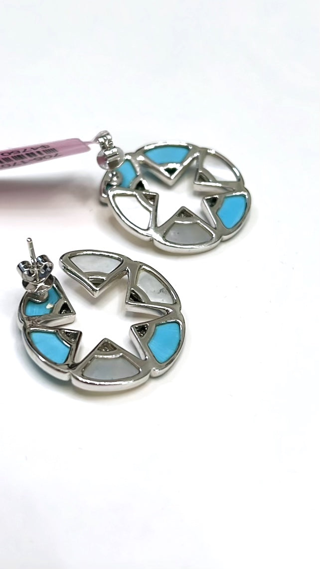 14K WHITE GOLD DIAMOND MOTHER OF PEARL &amp; TURQUOISE EARRING