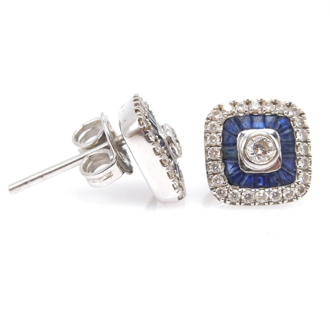 14K WHITE GOLD SQUARE CUSHION DIAMOND SAPPHIRE EARRINGS