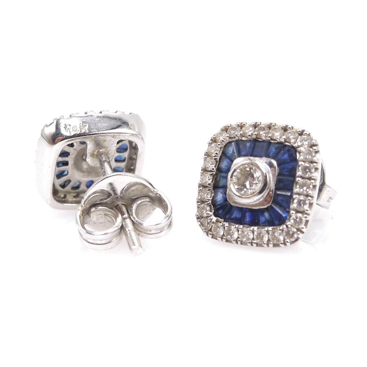 14K WHITE GOLD SQUARE CUSHION DIAMOND SAPPHIRE EARRINGS