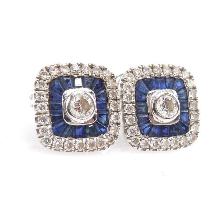 14K WHITE GOLD SQUARE CUSHION DIAMOND SAPPHIRE EARRINGS