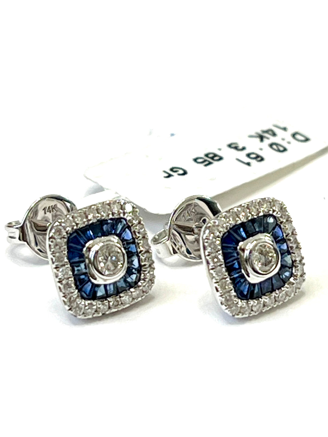 14K WHITE GOLD SQUARE CUSHION DIAMOND SAPPHIRE EARRINGS