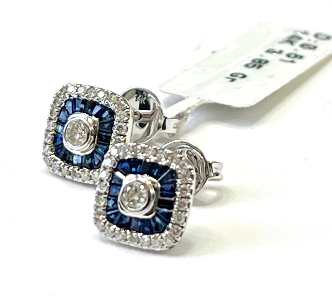 14K WHITE GOLD SQUARE CUSHION DIAMOND SAPPHIRE EARRINGS